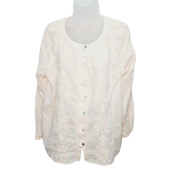 J Jill Cotton Light Weight Light Pink Long Sleeve Button Front Embroidery Blouse - Picture 1 of 13
